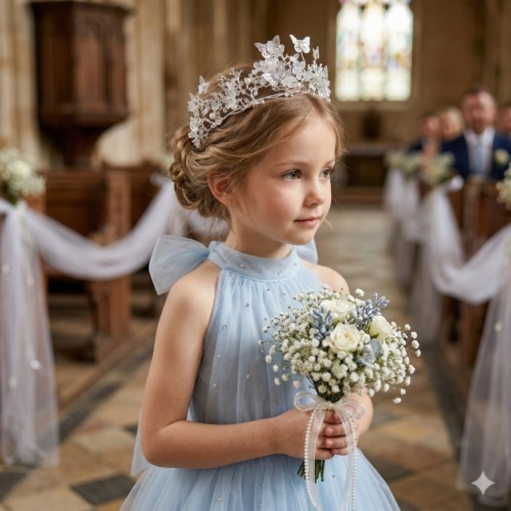 Silver Butterfly Crystal Runway Crown Tiara for Wedding & Flowerโ Girl